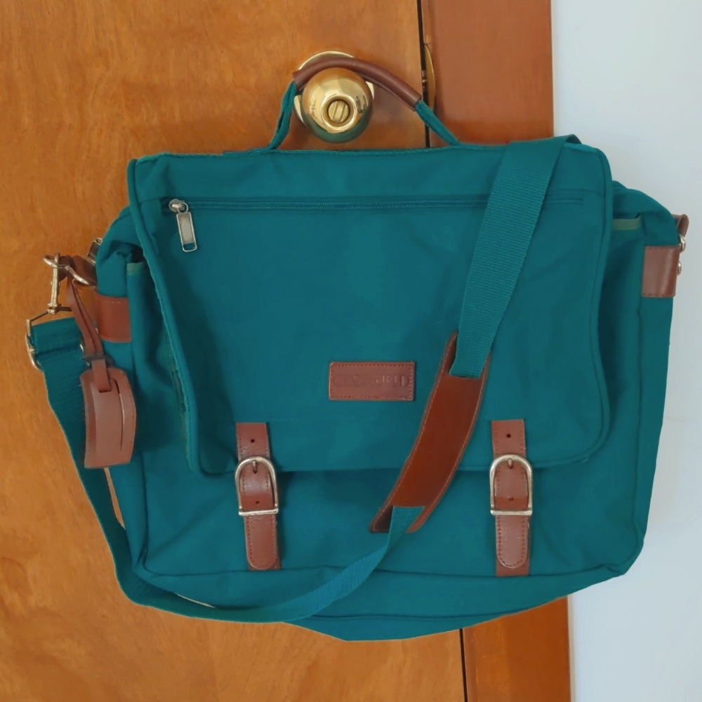 Vintage Crossfield messenger bag, blue turquoise brown, fits a laptop